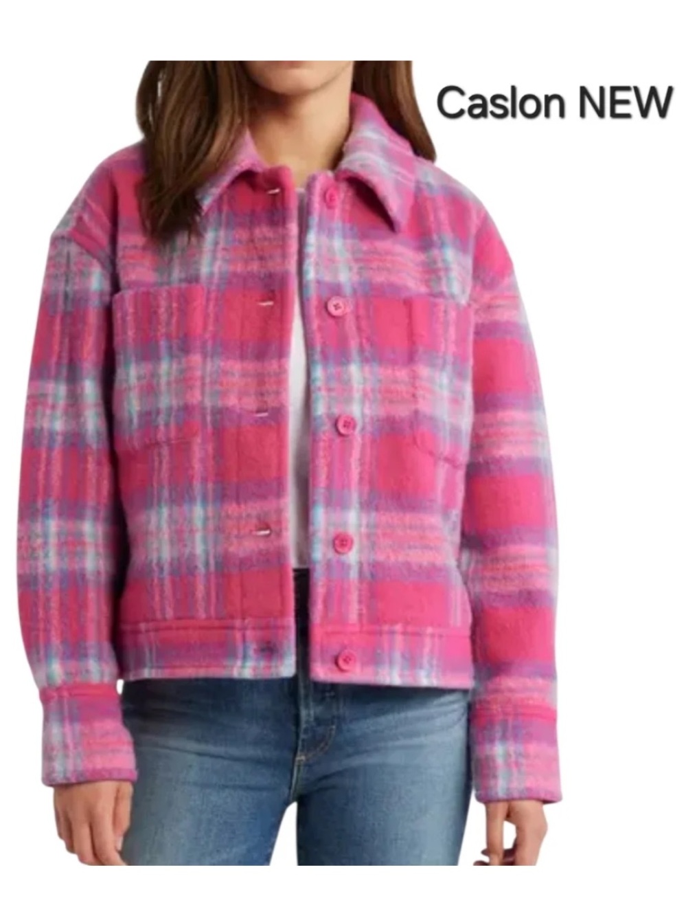 Caslon Pink/Ivory Plaid Button Front Jacket NWT